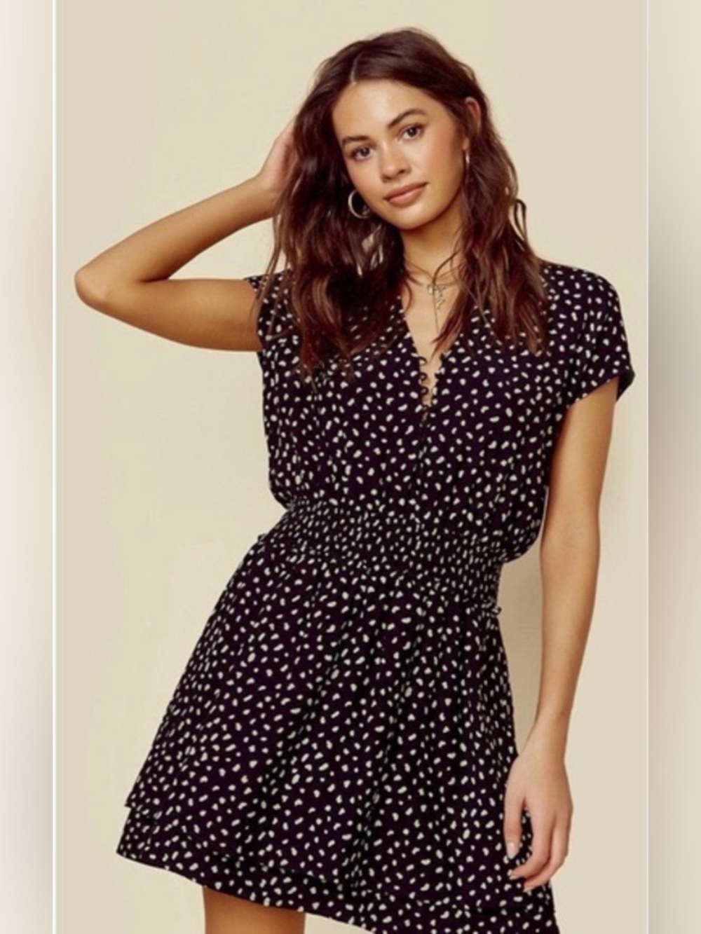 Rails Karla Flounce Skirt Smocked Mini Dress, Black & Ivory Spots | Size Small